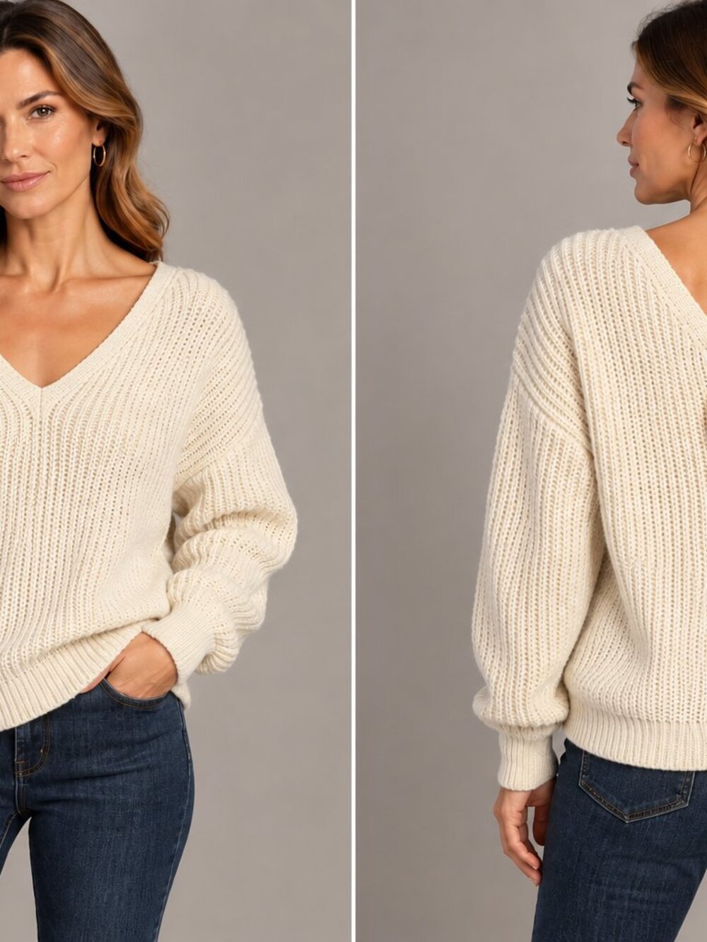 Chunky Lace-Up Back Sweater - Cream